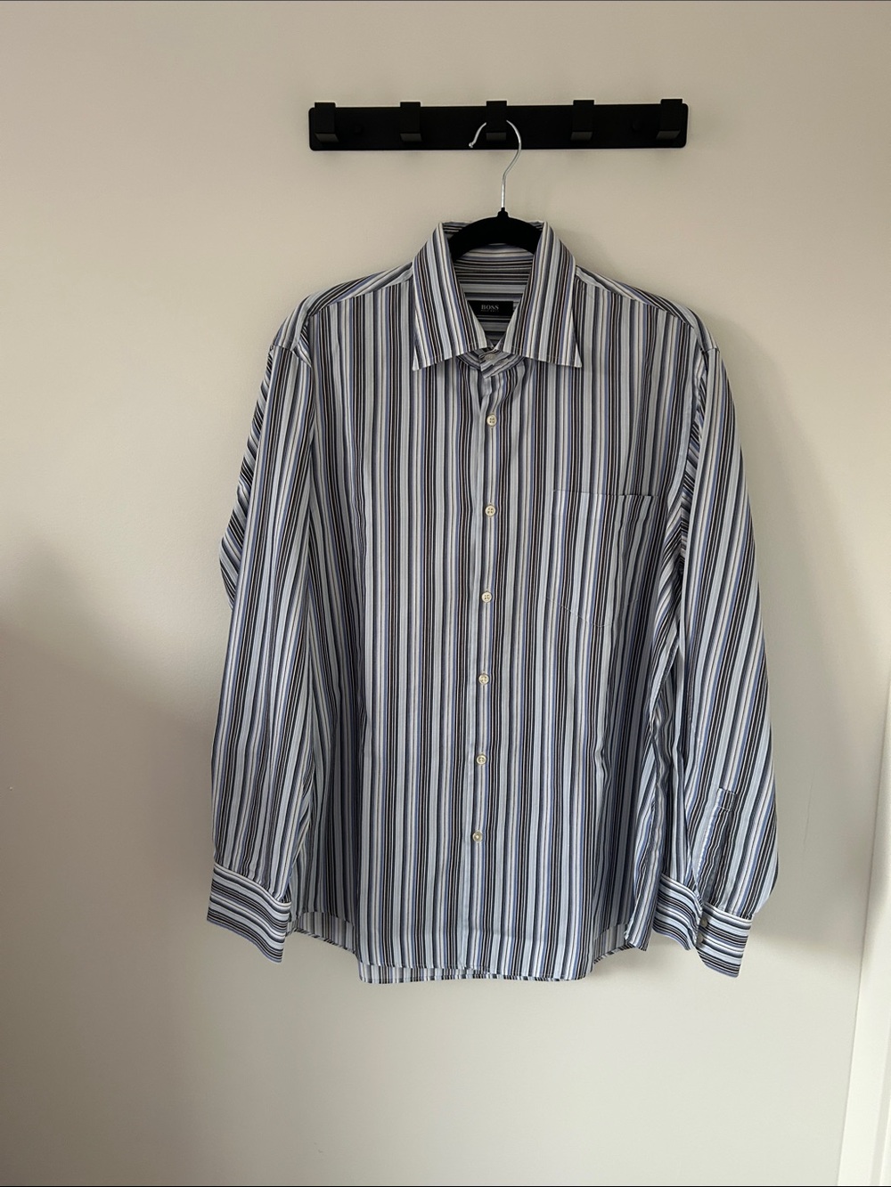Hugo Boss Men's Blue and Navy Striped Dress Shirt